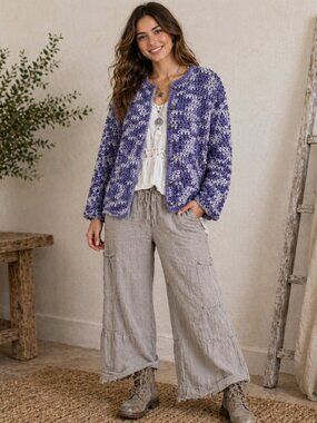 Hand Knit Crochet Cardigan L Purple Boho Grandmacore Chunky Knit Cozy Sweater